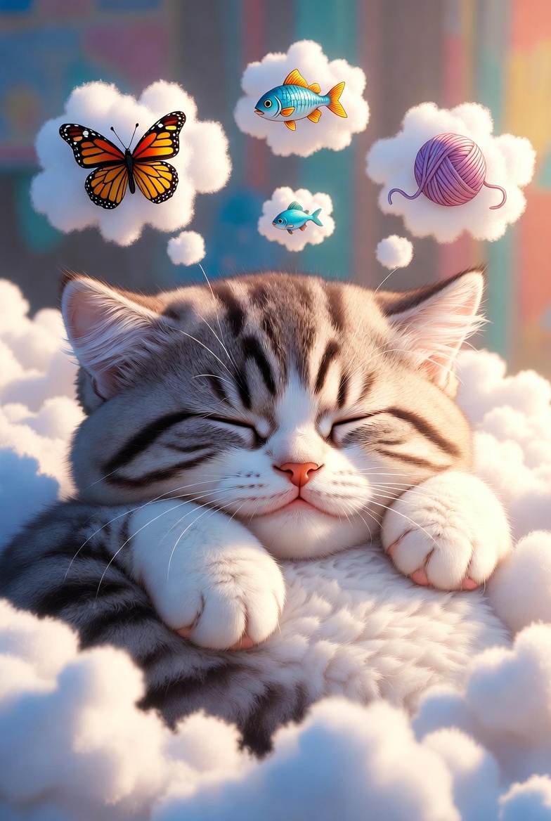 A cat deeply asleep with twitching paws and flickering whiskers, showing signs of REM sleep and dreaming