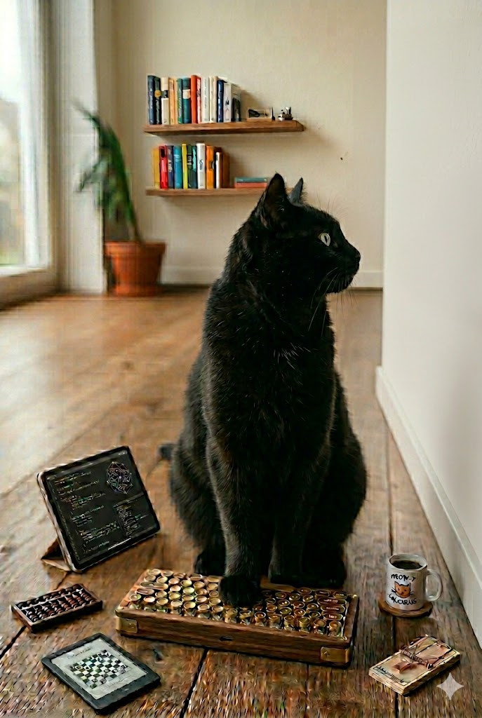 A cat sitting perfectly still, staring intently at a blank wall with focused, dilated eyes